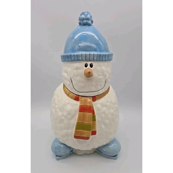 Ice Skating Snowman Ceramic Cookie Jar By Market Place - Picture 1 of 12